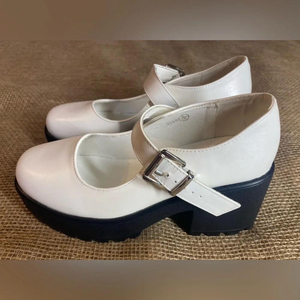 Koi Footwear White Platform Mary Janes, 3/36, Vegan Leather Buckles Small scuffs